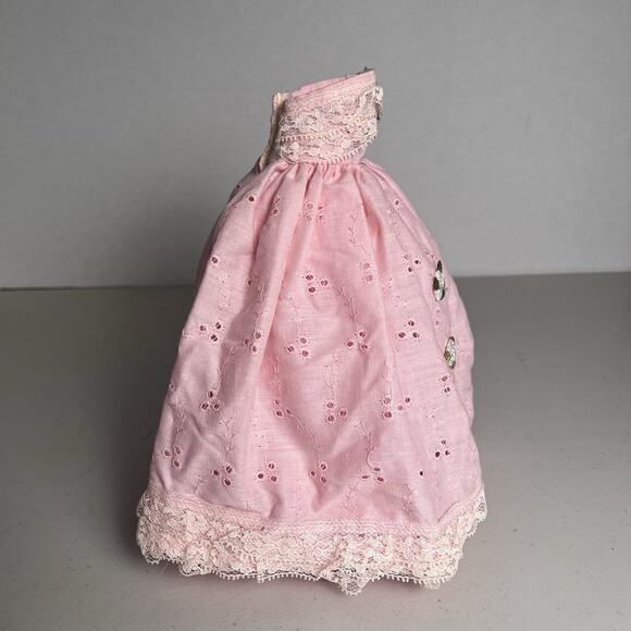 Vintage Handmade Barbie Size Southern Belle Dress Pink Eyelet Lace Floral OOAK - Picture 8 of 13
